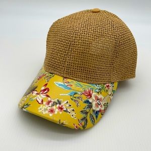 Yellow Tropical Brimmed Woven Straw Adjustable Hat